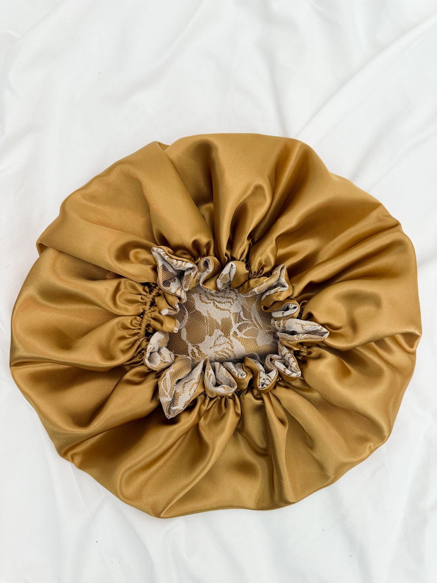 Lace Double Lined Satin Hair Bonnet - White Gold