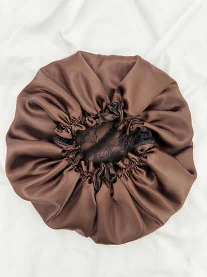 Lace Double Lined Satin Hair Bonnet - Mocha