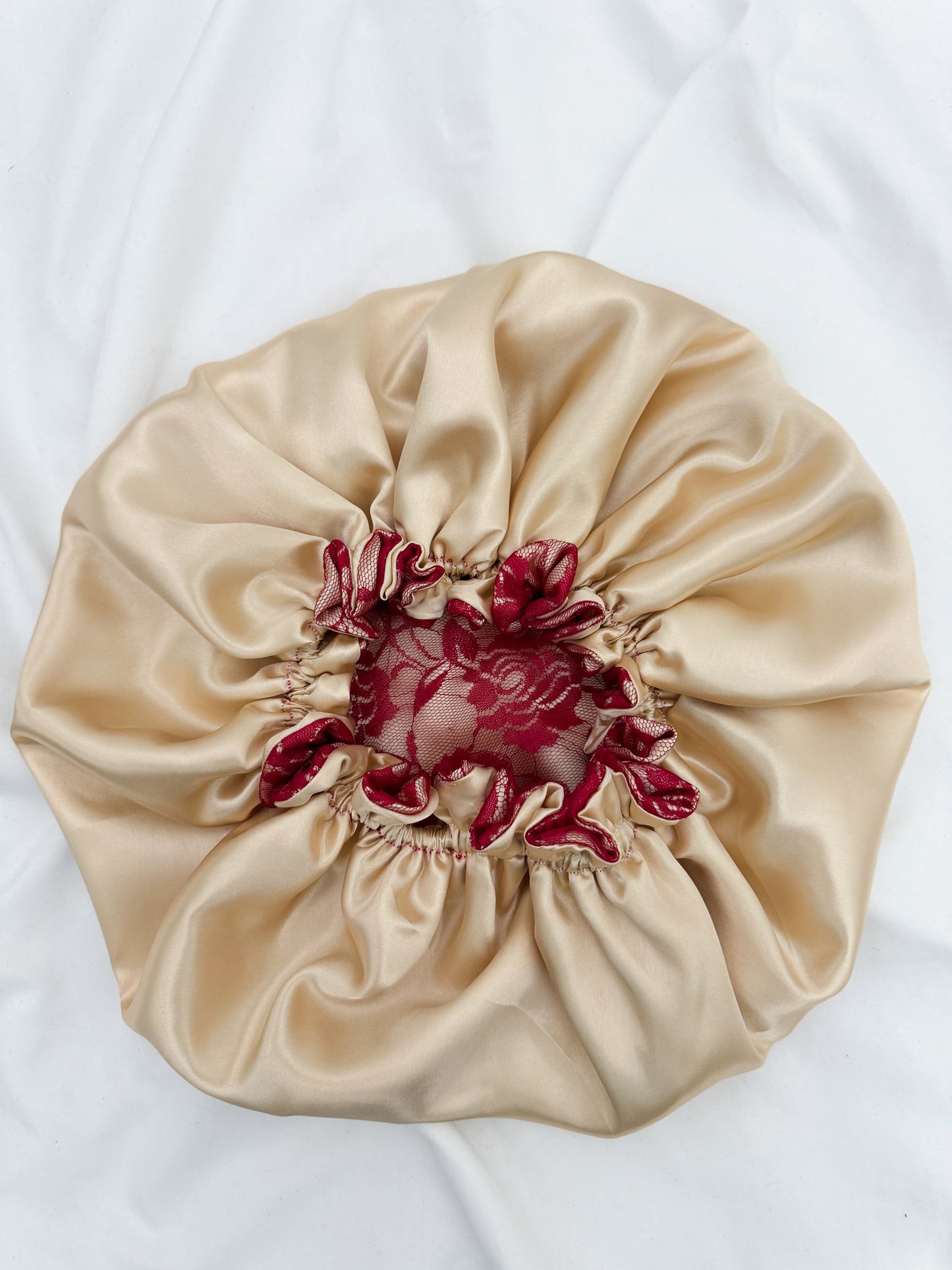 Lace Double Lined Satin Hair Bonnet - Champagne Red