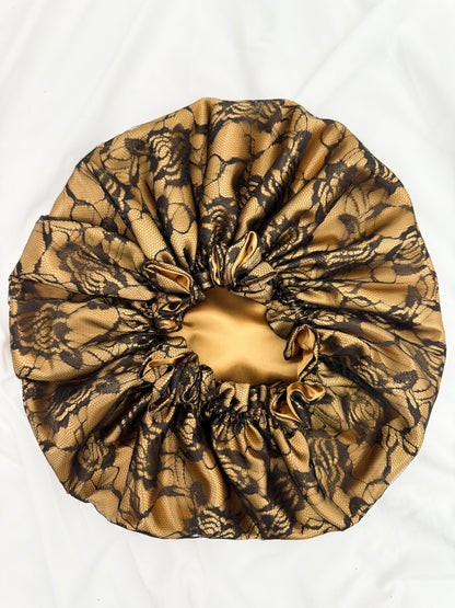 Lace Double Lined Satin Hair Bonnet - Black Gold