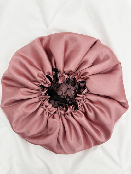 Lace Double Lined Satin Hair Bonnet - Black Pink