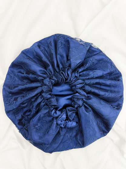 Lace Double Lined Satin Hair Bonnet - Blue