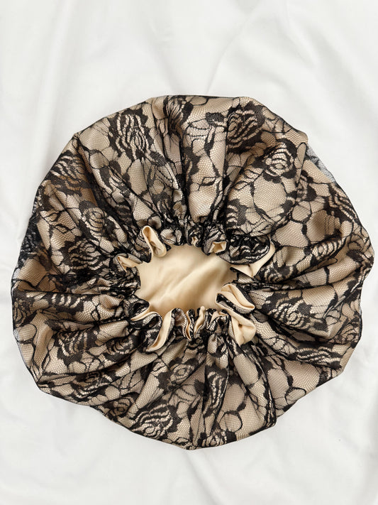 Lace Double Lined Satin Hair Bonnet - Champagne Black