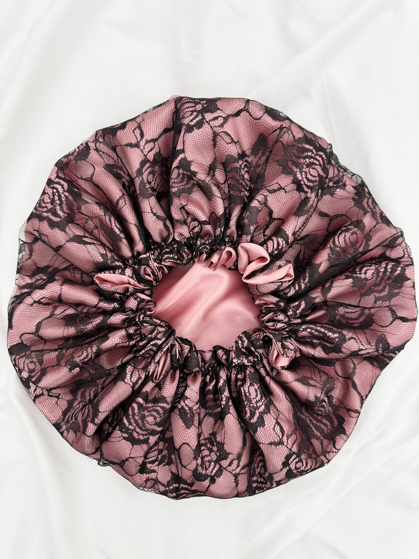 Lace Double Lined Satin Hair Bonnet - Black Pink