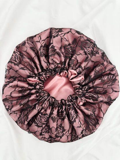 Lace Double Lined Satin Hair Bonnet - Black Pink