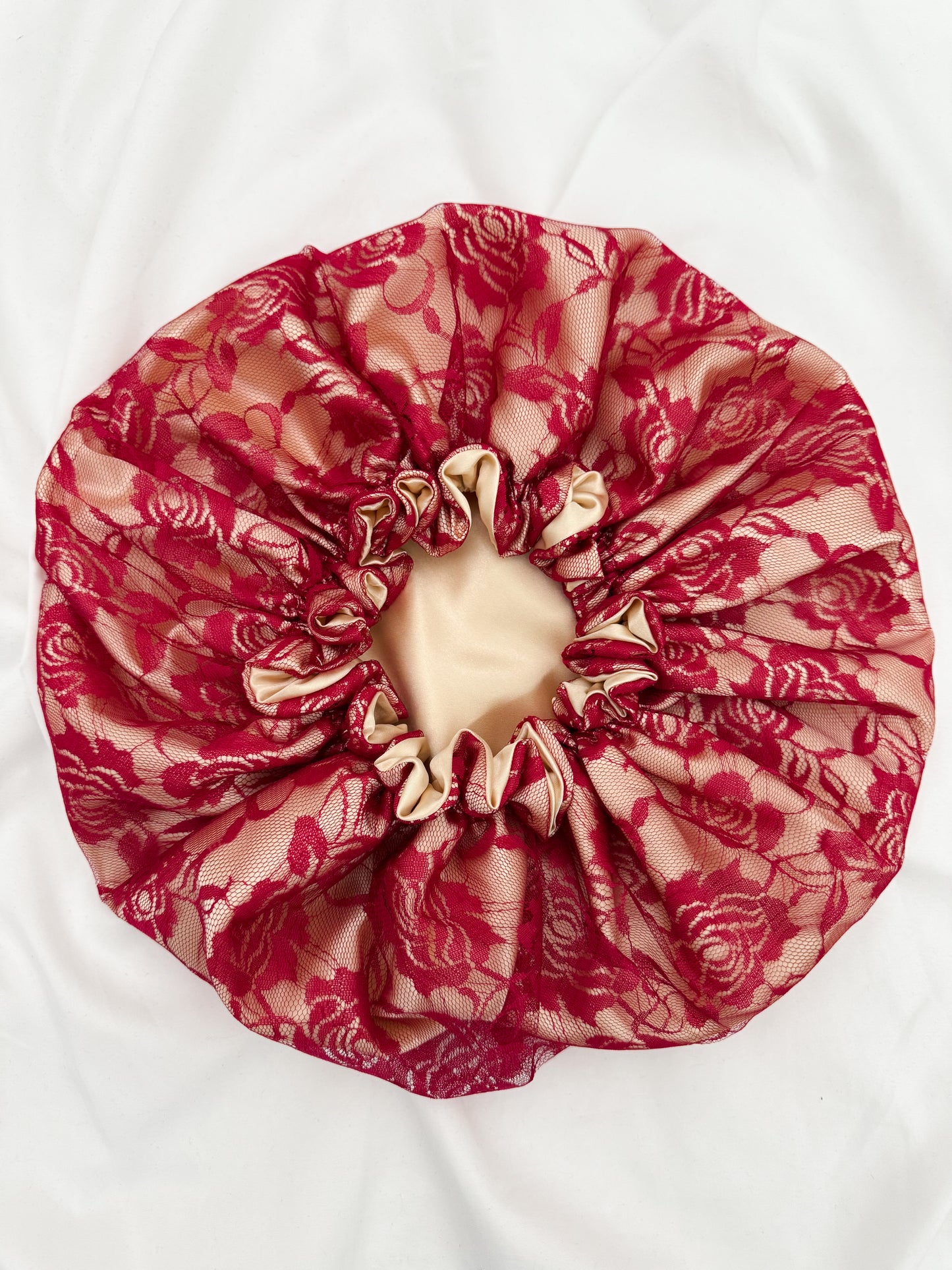 Lace Double Lined Satin Hair Bonnet - Champagne Red
