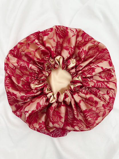Lace Double Lined Satin Hair Bonnet - Champagne Red