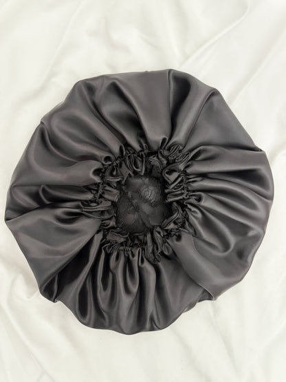 Lace Double Lined Satin Hair Bonnet - Black