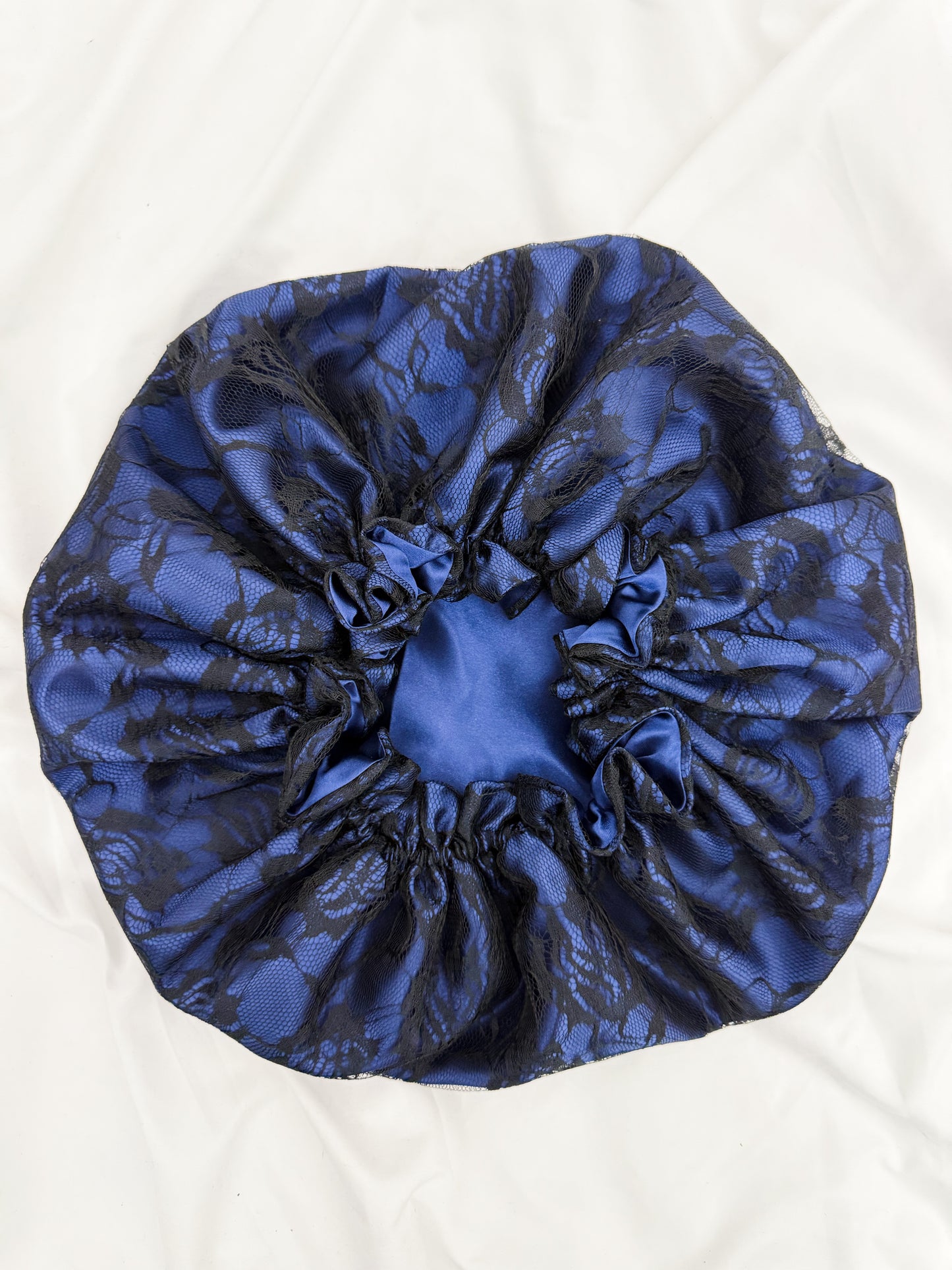 Lace Double Lined Satin Hair Bonnet - Blue Black