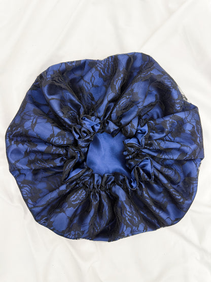 Lace Double Lined Satin Hair Bonnet - Blue Black