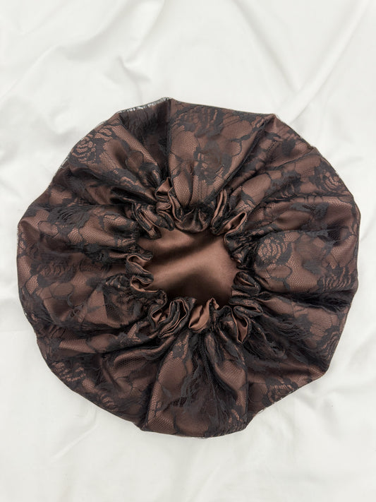 Lace Double Lined Satin Hair Bonnet - Mocha
