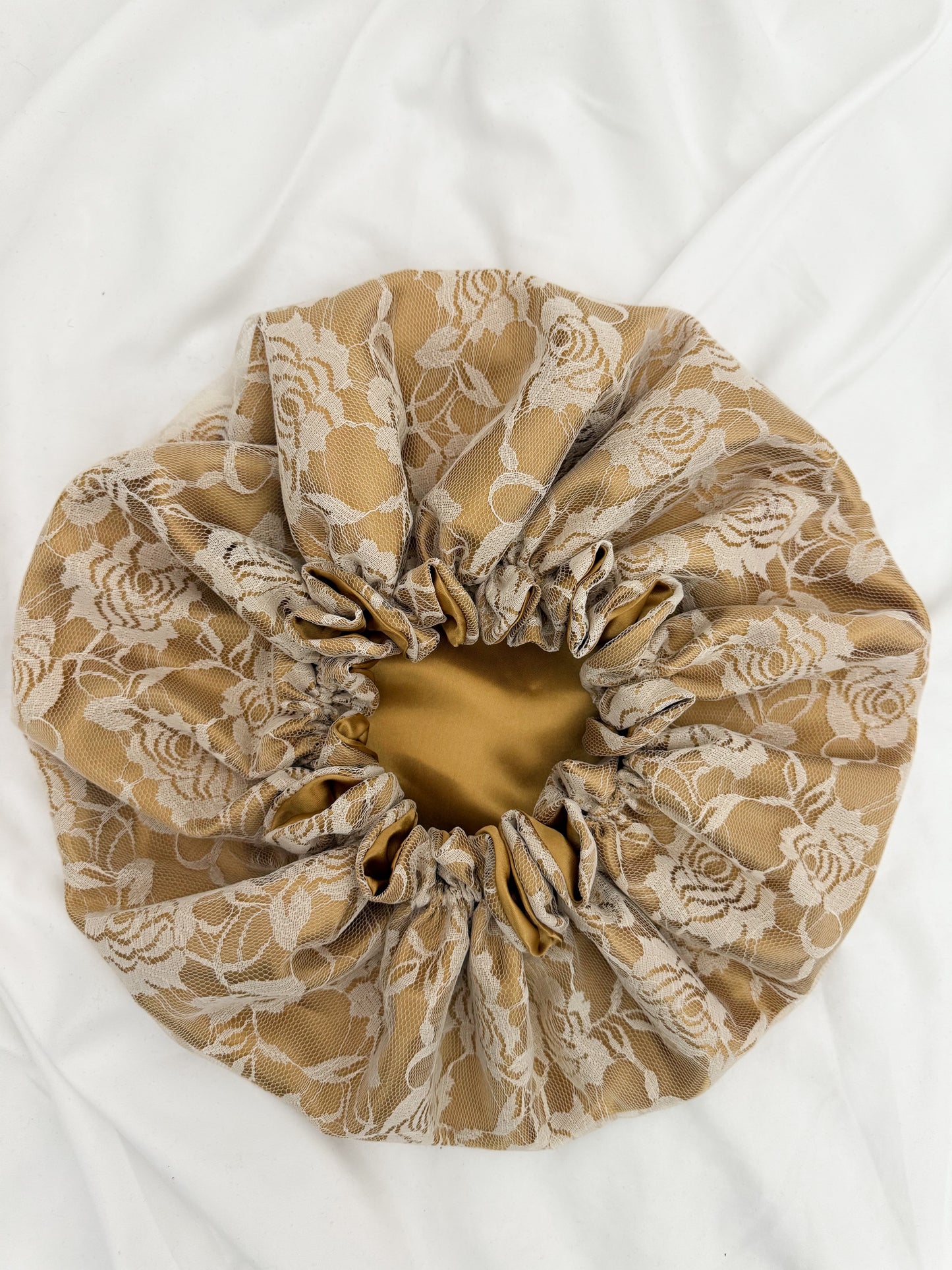 Lace Double Lined Satin Hair Bonnet - White Gold
