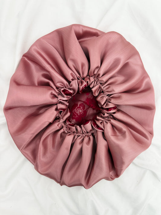 Lace Double Lined Satin Hair Bonnet - Pink Red