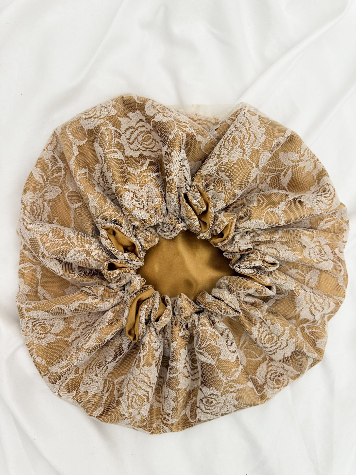Lace Double Lined Satin Hair Bonnet - White Gold