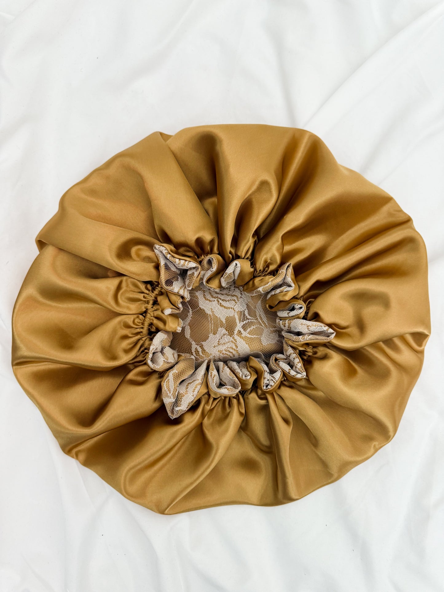 Lace Double Lined Satin Hair Bonnet - White Gold