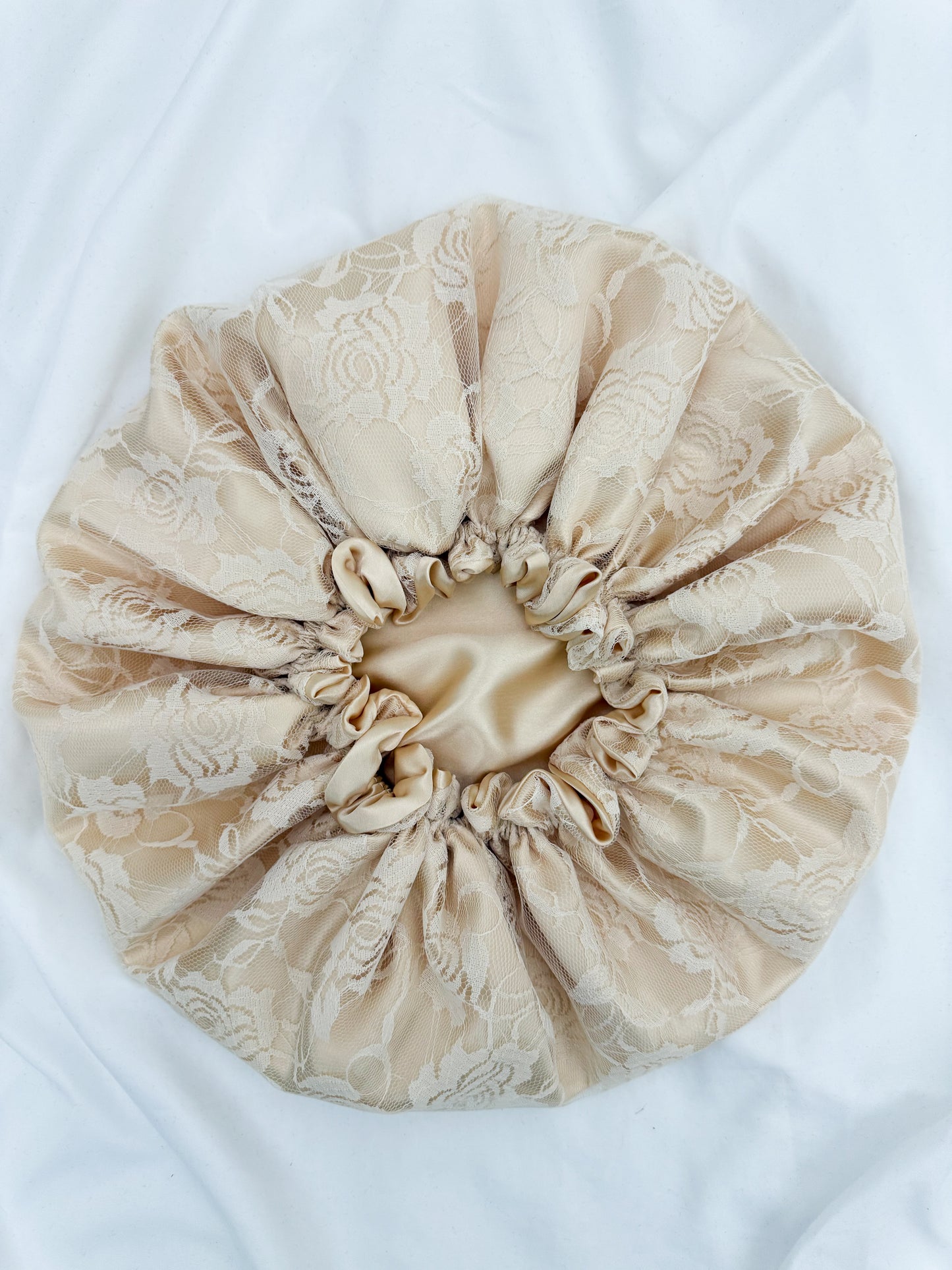 Lace Double Lined Satin Hair Bonnet - Cream
