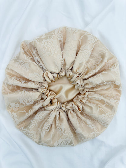 Lace Double Lined Satin Hair Bonnet - Cream