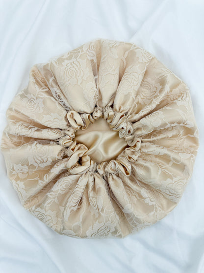 Lace Double Lined Satin Hair Bonnet - Cream