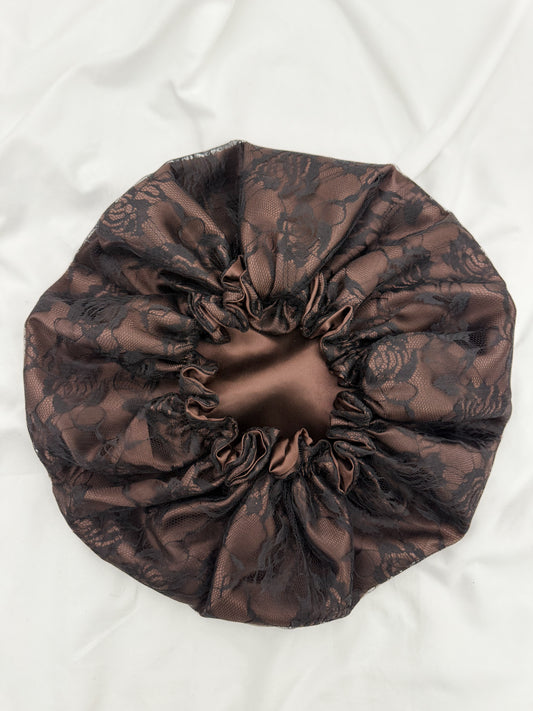 Lace Double Lined Satin Hair Bonnet - Mocha