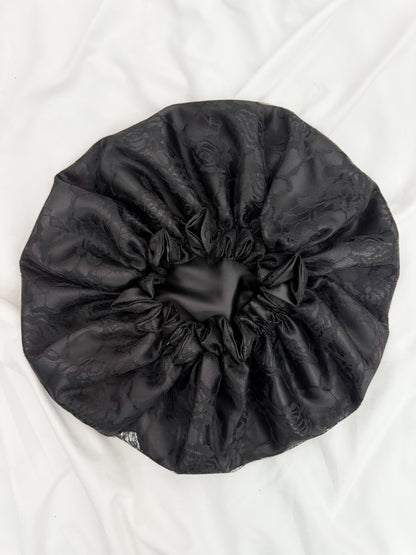 Lace Double Lined Satin Hair Bonnet - Black