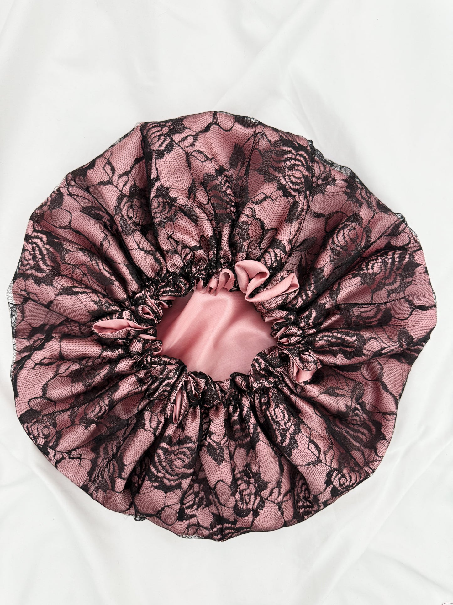 Lace Double Lined Satin Hair Bonnet - Black Pink