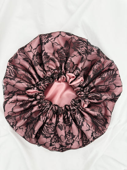 Lace Double Lined Satin Hair Bonnet - Black Pink