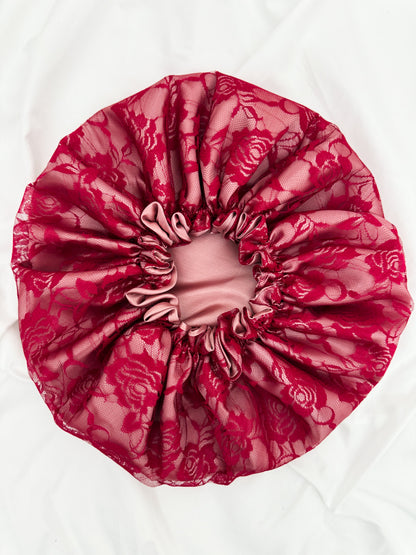 Lace Double Lined Satin Hair Bonnet - Pink Red
