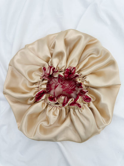 Lace Double Lined Satin Hair Bonnet - Champagne Red