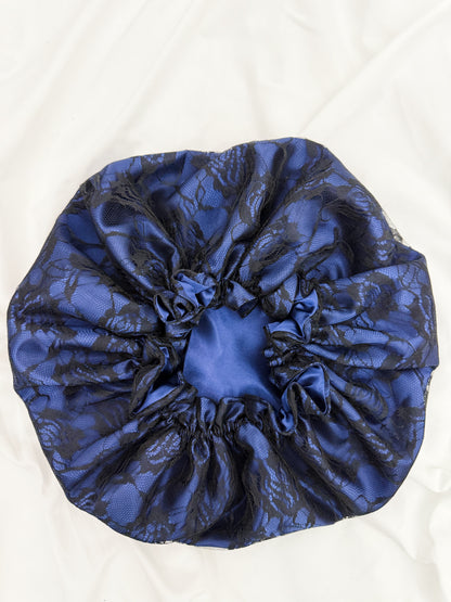 Lace Double Lined Satin Hair Bonnet - Blue Black