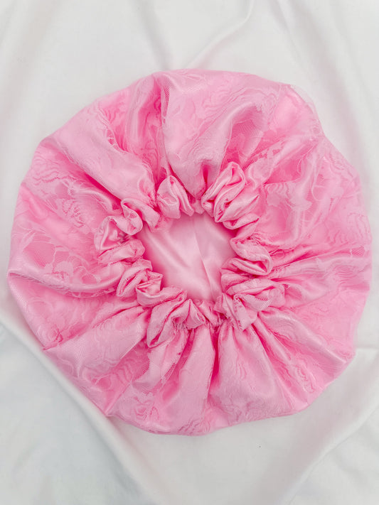 Lace Double Lined Satin Hair Bonnet - Bubblegum