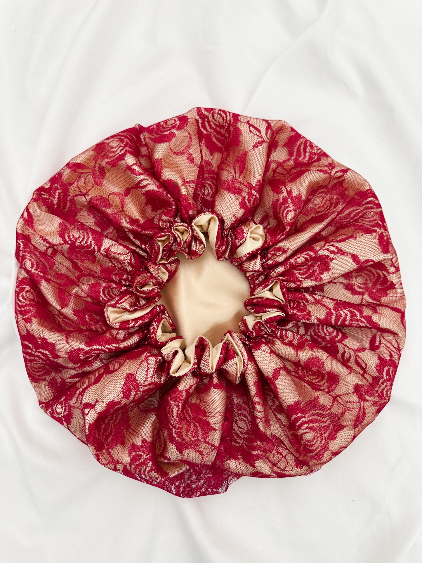 Lace Double Lined Satin Hair Bonnet - Champagne Red