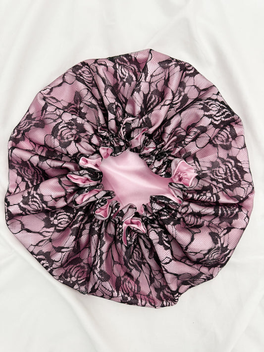 Lace Double Lined Satin Hair Bonnet - Pink Black
