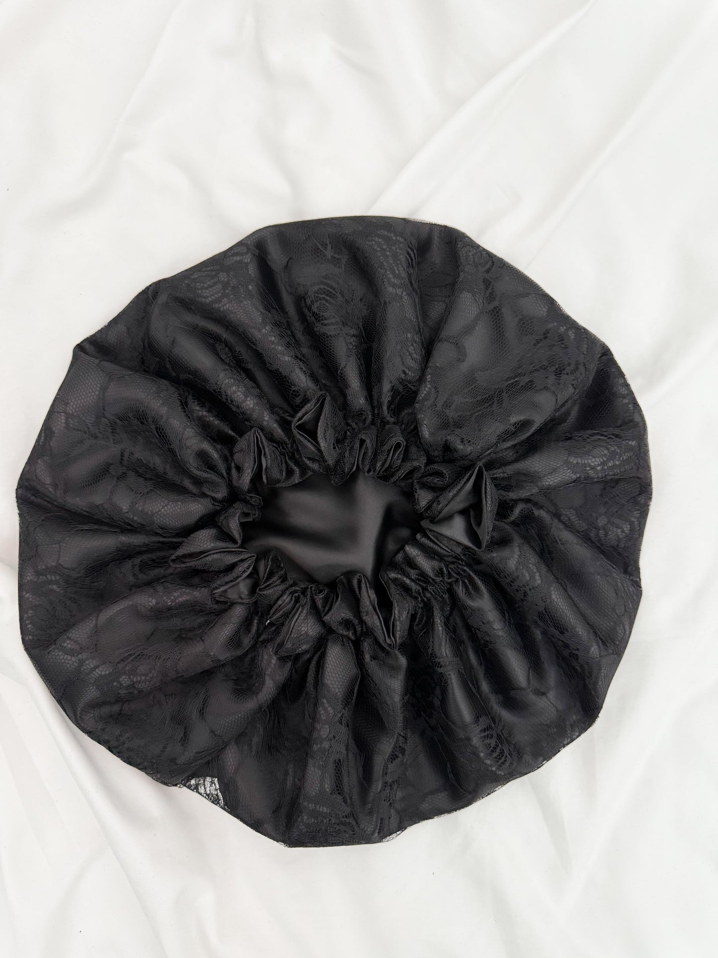 Lace Double Lined Satin Hair Bonnet - Black