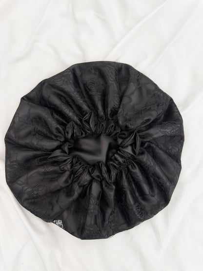 Lace Double Lined Satin Hair Bonnet - Black