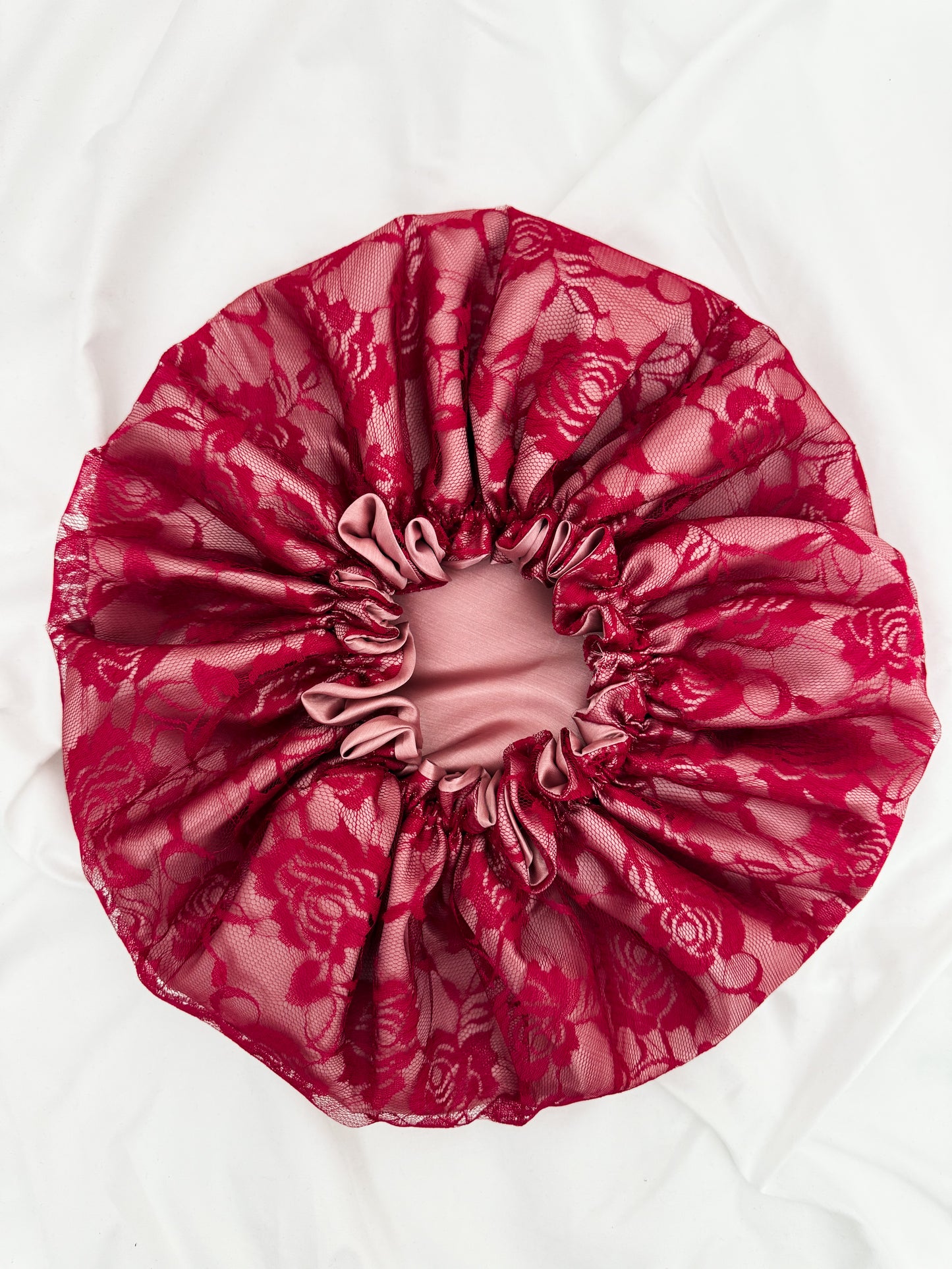 Lace Double Lined Satin Hair Bonnet - Pink Red