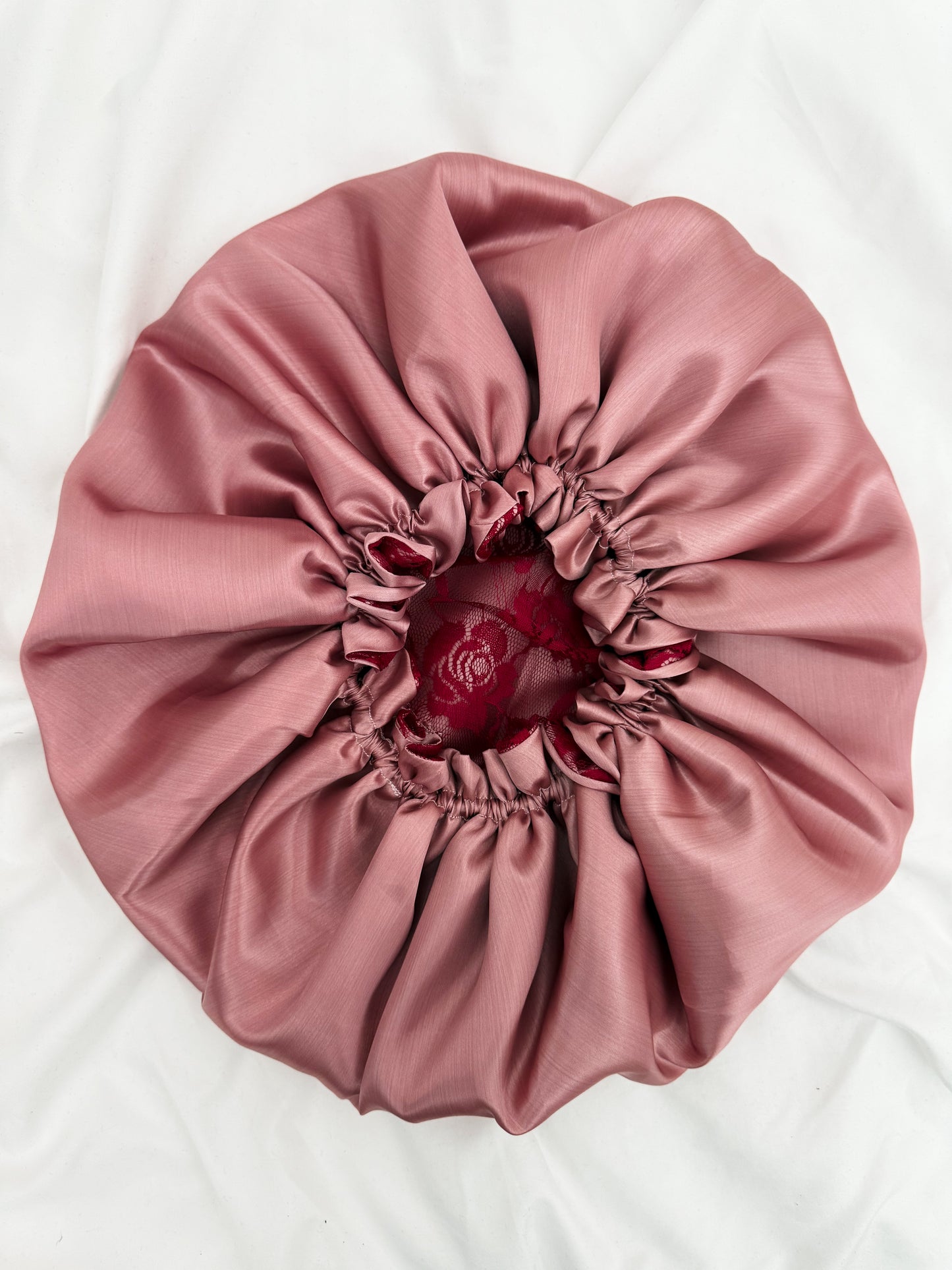 Lace Double Lined Satin Hair Bonnet - Pink Red
