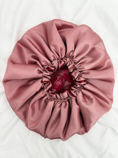 Lace Double Lined Satin Hair Bonnet - Pink Red