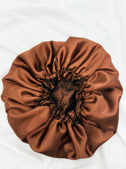 Lace Double Lined Satin Hair Bonnet - Chocolate Brown