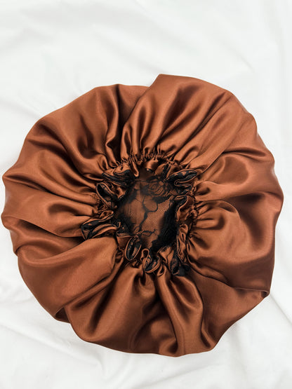 Lace Double Lined Satin Hair Bonnet - Chocolate Brown