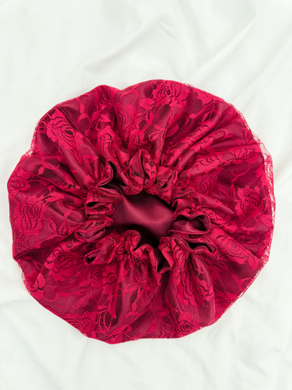Lace Double Lined Satin Hair Bonnet - Red