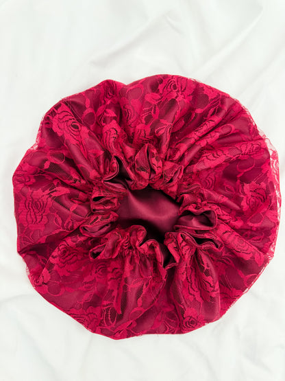 Lace Double Lined Satin Hair Bonnet - Red