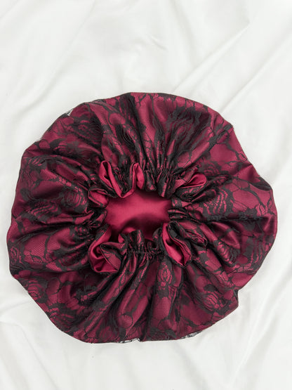 Lace Double Lined Satin Hair Bonnet - Burgundy