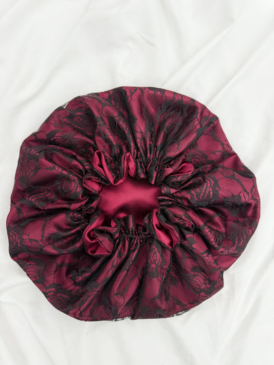 Lace Double Lined Satin Hair Bonnet - Burgundy