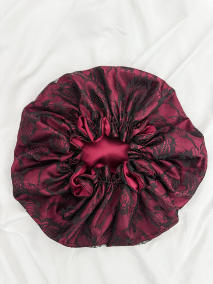 Lace Double Lined Satin Hair Bonnet - Burgundy