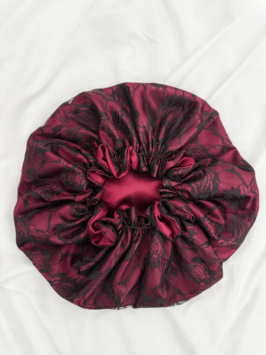 Lace Double Lined Satin Hair Bonnet - Burgundy