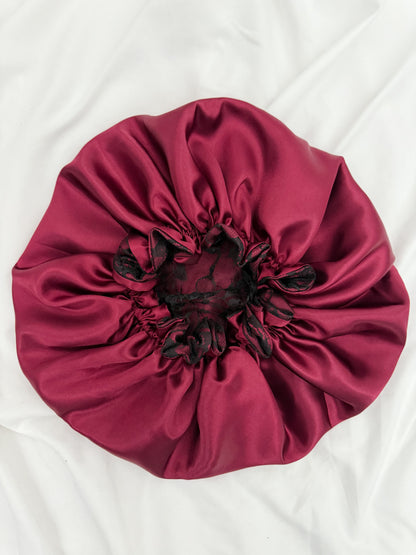 Lace Double Lined Satin Hair Bonnet - Burgundy