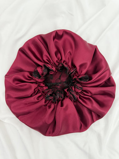Lace Double Lined Satin Hair Bonnet - Burgundy